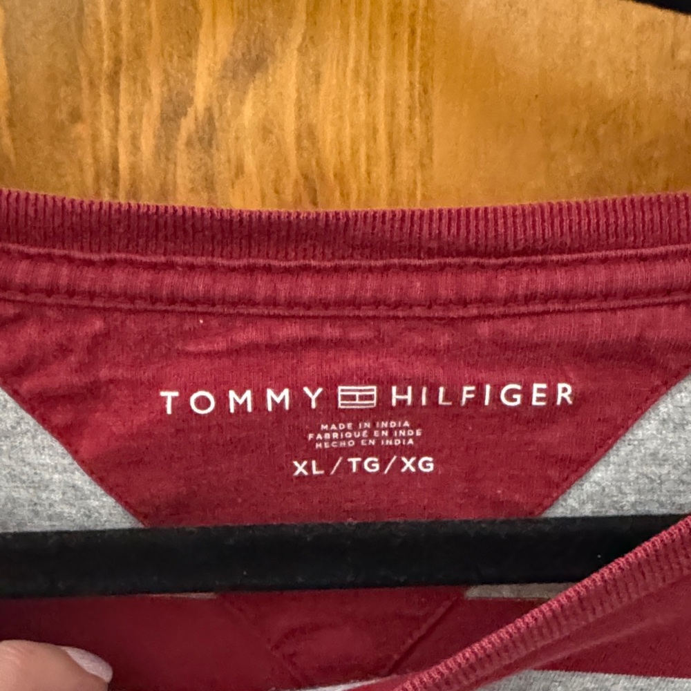 Tommy Hilfiger Men's Burgundy and Gray Striped Tee - 100% cotton - Picture 2 of 6